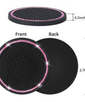 Front and back view of Four Pack Car Coasters With Crystal Rhinestones Universal 2.75 Inch Silicone Cup Holder Coasters Anti Slip Interior Accessory Pink Crystal Circle Bling For Women Cute Rhinestone Cup Holder Inserts