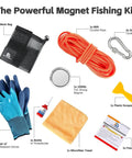 1000 Lb Neodymium Magnetic Fishing Kit with 66 Ft Rope, Dual Carabiners, Grappling Hook, Gloves, Scraper, Towel, Case display.