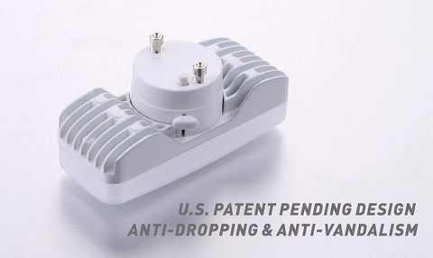Close-up of anti-dropping and anti-vandalism LED bulb holder, with U.S. patent pending design