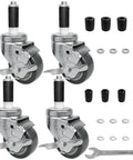 Heavy Duty 3 Inch Expanding Stem Casters With Side Brake, Smooth Rolling Furniture Wheels For Pipe Legs, 250 Lb Load Per Wheel, No Sweat Quick Install Kit, Set Of 4 Tough As Nails Industrial Swivels displayed with installation kit and washers.