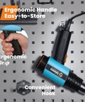 1800W Heavy Duty Heat Gun with Stepless Temperature Control shown with ergonomic handle and convenient hook against a pegboard.