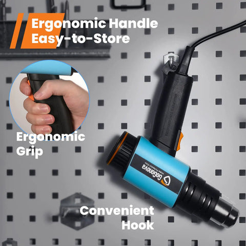 1800W Heavy Duty Heat Gun with Stepless Temperature Control shown with ergonomic handle and convenient hook against a pegboard.