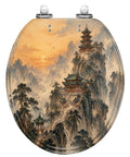 Round Mountain Temple Chinoiserie Sunrise Misty Chinese Ink Toilet Seat featuring a mountain scene with pagodas and sunrise design.