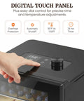 Top Tier Kitchen Workhorse Food Dehydrator With Heavy Duty Stainless Steel Trays and Hella Smooth Temp Controls for crafting crunchy homemade snacks showing digital touch panel and controls.
