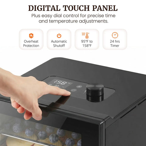 Top Tier Kitchen Workhorse Food Dehydrator With Heavy Duty Stainless Steel Trays and Hella Smooth Temp Controls for crafting crunchy homemade snacks showing digital touch panel and controls.