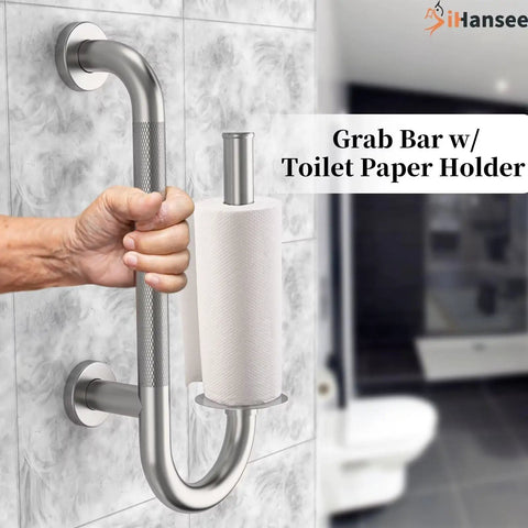 Built Tough 16 Inch Toilet Grab Bar Featuring Hefty Knurled Grip And Convenient Towel Hook for easy bathroom support.