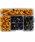 ZX6R ZX7R ZX9R ZX10R ZX10RR Motorcycle Fairing Bolts Screws Kit Nut Clips Washers Assortment Beefed Up Durable Alloy Hardware For Body Panels With Tight Threads Easy Install High Tensile Strength Reliable OEM Replacement, assorted gold and black bolts in organizer