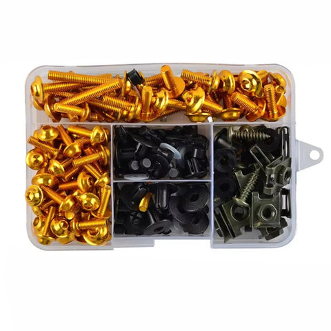 ZX6R ZX7R ZX9R ZX10R ZX10RR Motorcycle Fairing Bolts Screws Kit Nut Clips Washers Assortment Beefed Up Durable Alloy Hardware For Body Panels With Tight Threads Easy Install High Tensile Strength Reliable OEM Replacement, assorted gold and black bolts in organizer