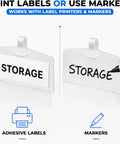 Clear Wire Shelf Label Holders 3.4 Inch Kit with clips, showing printed and hand-written storage labels for retail use