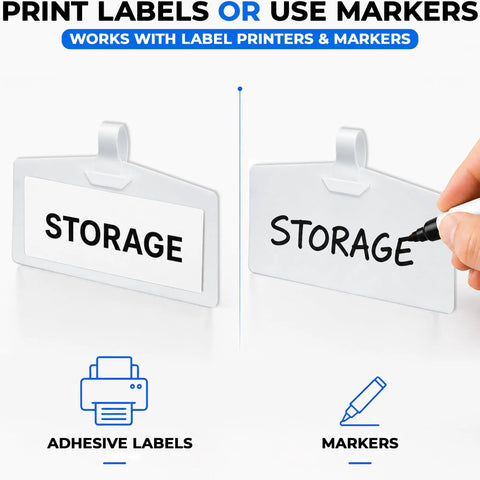 Clear Wire Shelf Label Holders 3.4 Inch Kit with clips, showing printed and hand-written storage labels for retail use