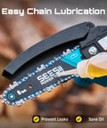 Applying oil for easy chain lubrication on Six Inch Cordless Mini Chainsaw With Two Batteries Portable Electric Chainsaw