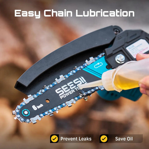 Applying oil for easy chain lubrication on Six Inch Cordless Mini Chainsaw With Two Batteries Portable Electric Chainsaw