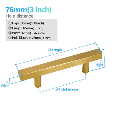 Gold Stainless Steel Cabinet Pulls Square Drawer Handles Set Of 2 127 Mm Long 12 Mm Wide 35 Mm High With 76 Mm 3 Inch Hole Centers