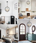 Five Light Farmhouse Pendant Lantern Chandelier In Black With Adjustable Height Chain Ideal For Kitchen Island Foyer Hallway Dining Living Room Or Bedroom Modern Industrial Style Lighting Fixture That Combines Rustic Charm With Contemporary Look in various settings including stairs, living room, bedroom, and entrance.