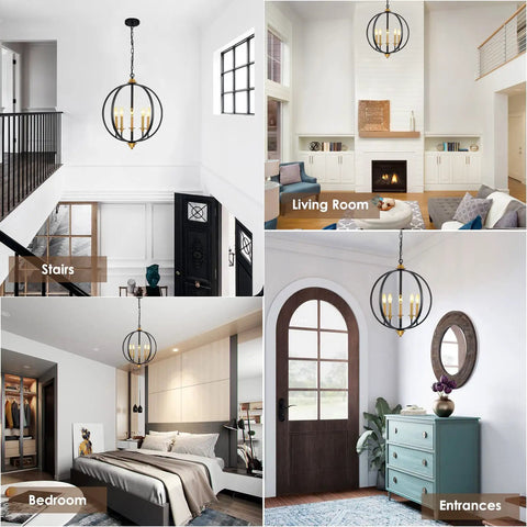 Five Light Farmhouse Pendant Lantern Chandelier In Black With Adjustable Height Chain Ideal For Kitchen Island Foyer Hallway Dining Living Room Or Bedroom Modern Industrial Style Lighting Fixture That Combines Rustic Charm With Contemporary Look in various settings including stairs, living room, bedroom, and entrance.