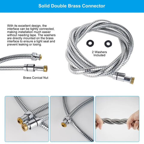 Heavy Duty All Metal Shower Hose 90 Inch Stainless Steel Brass Fittings Chrome with washers and connectors