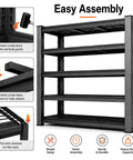 Knockout Heavy Duty Tote Storage Rack With Adjustable 5 Tier Garage Shelving showing easy assembly steps and sturdy design.