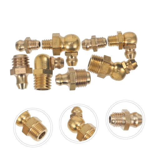 60-Piece Grease Fitting Assortment Kit With 1/4-28 SAE-LT Copper Threaded Lubrication Nozzles, brass fittings on white background