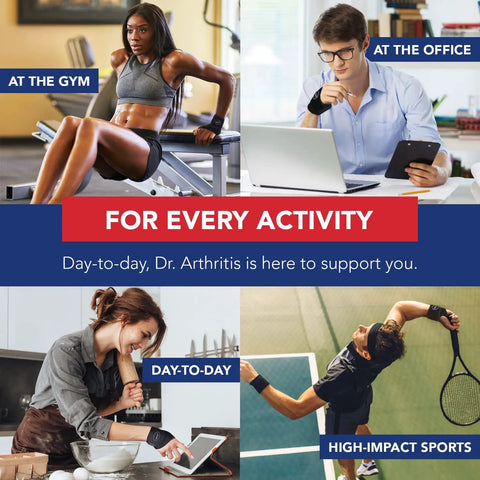 Collage of people using Wrist Brace For Carpal Tunnel Relief And Tendonitis in gym, office, kitchen, and playing tennis.