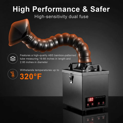 Solder Fume Extractor With Strong 200m3h Suction, H13 HEPA Filtration, Odor Removal, Desktop Friendly Design shown with ABS tube.