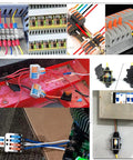 10 Pack 2 In 4 Out Push Lever Wire Connectors Din Rail Mount in various wiring setups for heavy duty electrical projects.