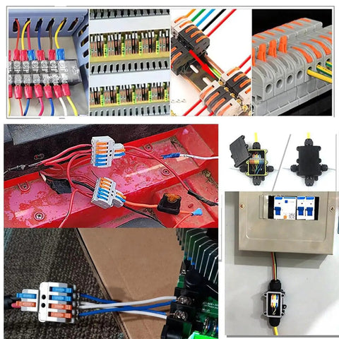 10 Pack 2 In 4 Out Push Lever Wire Connectors Din Rail Mount in various wiring setups for heavy duty electrical projects.