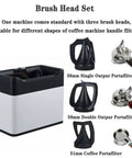 Electric Portafilter Cleaner With Compact Knock Box designed to swiftly knock out spent coffee grounds with three brush heads.