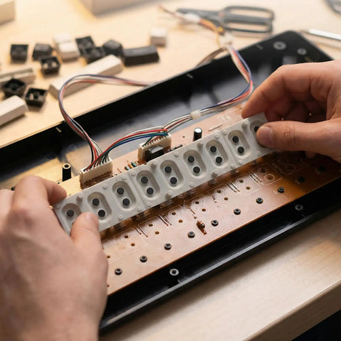 Hands installing 2 Pack Conductive Rubber Contact Strips For Keyboard Buttons And Digital Pianos, Silicone Key Contact Pads, Repair Kit.