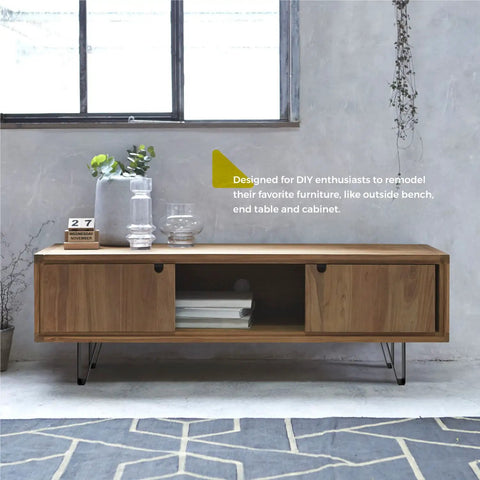 Minimalist wooden TV stand supported by 8 Inch Solid Steel Furniture Legs Set Of 4 Matte Black Finish For DIY Makeovers