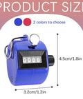 Heavy Duty 2 Pack Metal Clicker Counter With 4 Digit Mechanical Hand Tally Display Battery Free Operation showing blue color and dimensions.