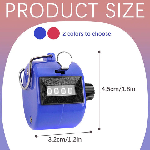 Heavy Duty 2 Pack Metal Clicker Counter With 4 Digit Mechanical Hand Tally Display Battery Free Operation showing blue color and dimensions.