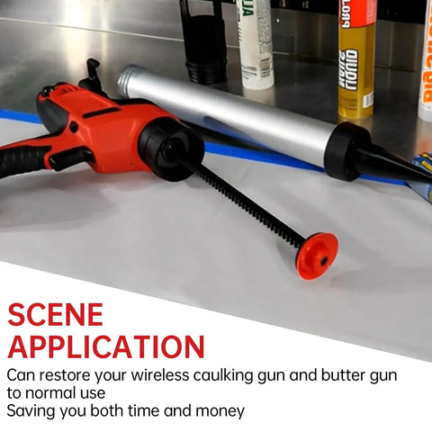 44-70-0375 20 Oz Sausage Barrel Replacement Plunger Screw Kit next to cordless caulking gun and grease gun