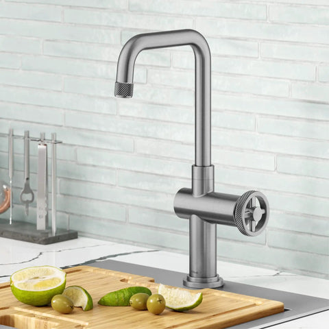 Urbix Industrial Single-Handle Bar Kitchen Faucet in Brushed Gold with Diamond Textured Accents, mounted in modern kitchen