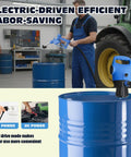Heavy Duty Electric Drum Pump Fits 55 Gallon Barrels Plug And Play AC DC Dual Power Straight Flow Fluid Transfer For Oil Diesel DEF Water No Sweat Shop Ready in use with blue barrel.