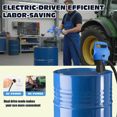Heavy Duty Electric Drum Pump Fits 55 Gallon Barrels Plug And Play AC DC Dual Power Straight Flow Fluid Transfer For Oil Diesel DEF Water No Sweat Shop Ready in use with blue barrel.