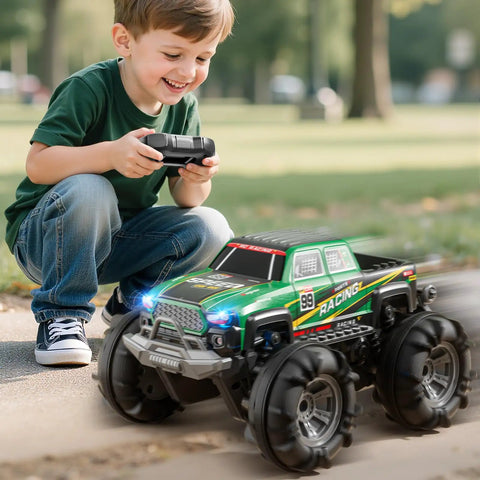 Boy playing with All Terrain Amphibious Remote Control Monster Truck For Kids Ages Six To Twelve With Spray And LED Lights Sick
