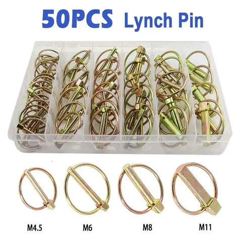 Heavy Duty Self Locking Lynch Pin Kit With Spring Steel Annular Ring Pins in 100 Piece Set for M4.5 to M11, box shown