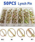 50 pack O Ring Lynch Pin Kit for Tractors Trailers Trucks and Mowers, spring steel annular ring pins with loop lock, sizes 4.5 to 11 mm