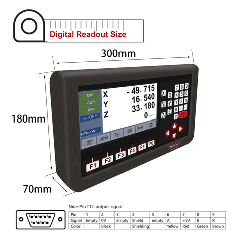 3 Axis DRO LCD Screen Digital Readout for Milling Machine, 7 Inch Display, dimensions labeled, with nine-pin output signals.