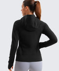 Back view of Cozy Womens Fleece Full Zip Hoodie With Thumb Holes Black Hip Length Go To Casual Sweatshirt Jacket