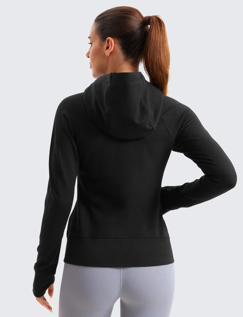 Back view of Cozy Womens Fleece Full Zip Hoodie With Thumb Holes Black Hip Length Go To Casual Sweatshirt Jacket