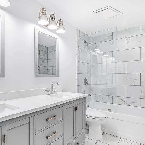 Modern bathroom with Ultra Quiet Ceiling Bathroom Exhaust Fan 50 CFM White Mount, 1 Sone, over shower area, keeping space fresh.