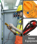Technician using 830D Digital Multimeter Tester with Buzzer 1999 Counts for AC DC voltage, inset shows device close-up and probe cables