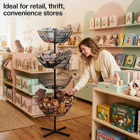 Heavy Duty Four Tier Wire Floor Spinner Rack With Drop Bin And Stocking Cart For Top Shelf Retail Shops Or No Fuss Home Organization In Sleek Black Finish