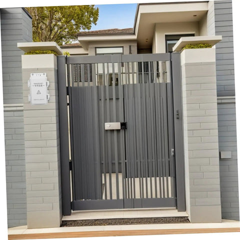 Heavy Duty Waterproof Junction Box For Outdoor Electrical Circuits With UV Resistant Plastic Enclosure seen on a modern gate.