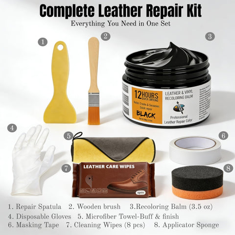 Complete leather repair kit with Leather Recoloring Balm 3.53 Oz Quick Dry Repair Cream for car seats and couches.