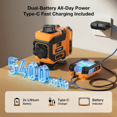 Self Leveling 4x360 Green Cross Line Laser Level With Tripod Mount For Real Deal Room Layout, Dual 360 Degree Horizontal And Vertical Lines, Quick Alignment For Walls Floors Ceilings And DIY Projects. 5400mAh battery and Type-C charger