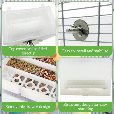 Two Piece No Mess Automatic Bird Feeder For Pet Cages detailed view with transparent seed reservoir and removable drawer design.