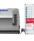 Boss Approved Employee Automatic Time Clock Featuring Dual View Display showing time, time cards, keys, and mounting bracket.