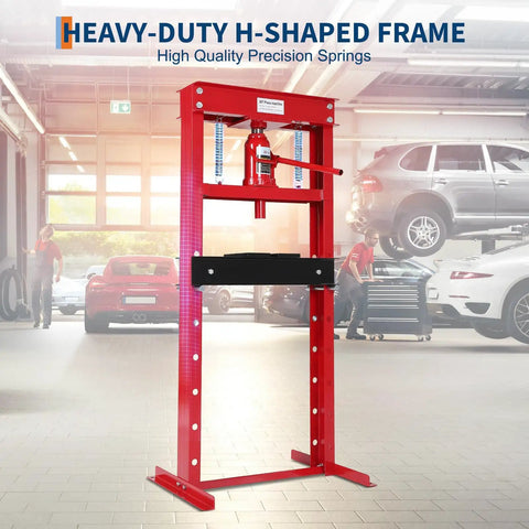 20 Ton H Frame Benchtop Hydraulic Shop Press for Metalworking Pneumatic Compatible Red Finish Built Tough for Bending and Straightening Stamping and Repairs for the DIYer in Your Home Shop, red H-frame press in garage